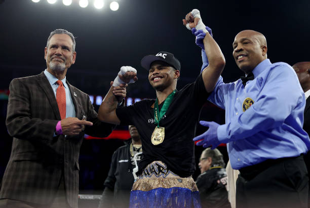 Shakur Stevenson of the United States is declared the winner by TKO after the fight is stopped at 1:35 in the sixth round against Shuichiro Yoshino...