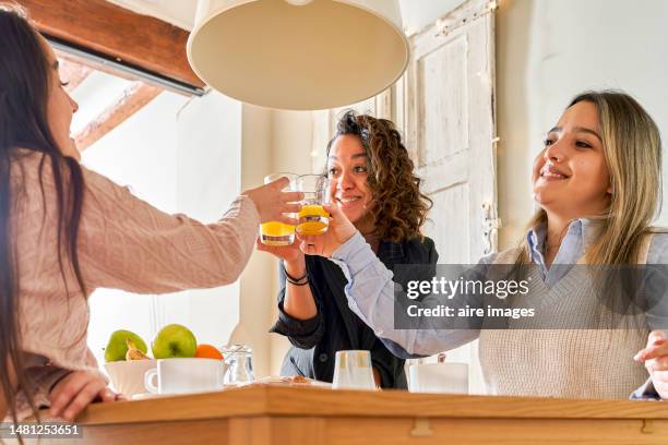 only friends women toast with cocktails orange juice at day indoors home - vruchtensap stockfoto's en -beelden