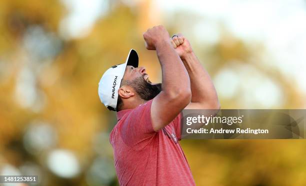 Jon Rahm of Spain celebrates on the 18th green after winning the 2023 Masters Tournament at Augusta National Golf Club on April 09, 2023 in Augusta,...