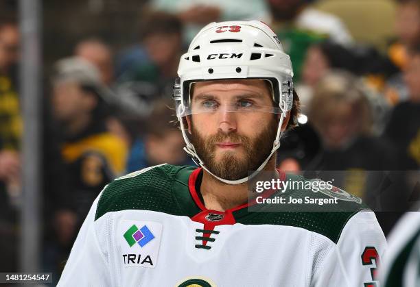 Ryan Hartman of the Minnesota Wild skates against the Pittsburgh Penguins at PPG PAINTS Arena on April 6, 2023 in Pittsburgh, Pennsylvania.