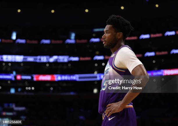 Damian Jones of the Utah Jazz waits for the starts of play during a 128-117 Los Angeles Lakers win at Crypto.com Arena on April 09, 2023 in Los...