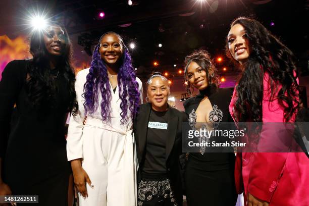 Head coach Dawn Staley of the South Carolina Gamecocks poses for a photo with Laeticia Amihere, Aliyah Boston, Zia Cooke, and Brea Beal during the...