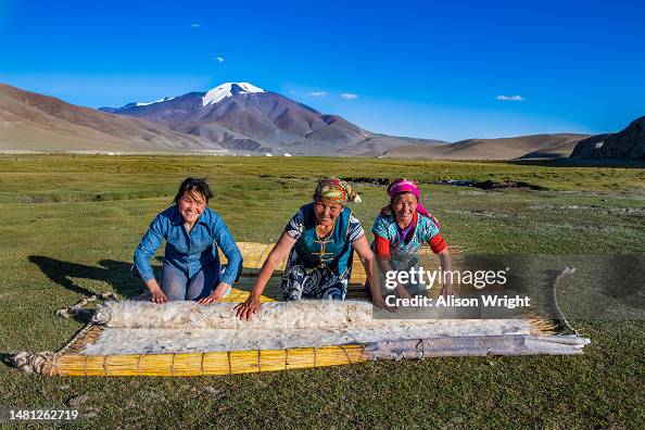 A family makes a felt yurt in Ulgii, Mongolia