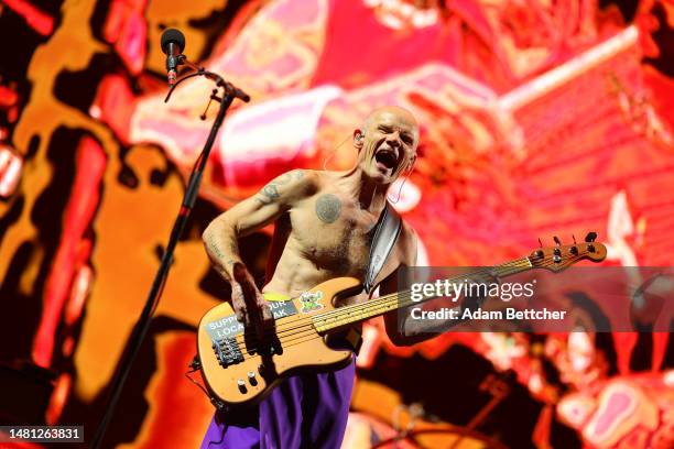 Bassist Flea of the Red Hot Chili Peppers performs at U.S. Bank Stadium on April 08, 2023 in Minneapolis, Minnesota. (Photo by Adam Bettcher/Getty...