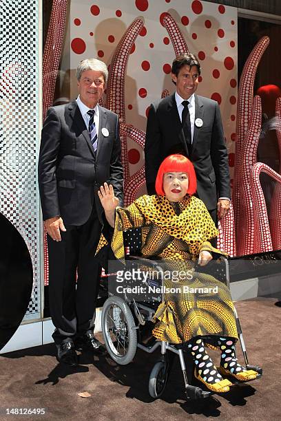Present Louis Vuitton Chairman and CEO Yves Carcelle, artist Yayoi Kusama and future Louis Vuitton Chairman and CEO Jordi Constans attend the Louis...