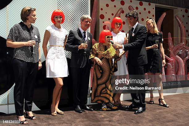 Present Louis Vuitton Chairman and CEO Yves Carcelle, artist Yayoi Kusama and future Louis Vuitton Chairman and CEO Jordi Constans attend the Louis...