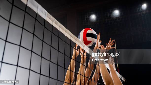 frauen werfen volleyballball - volleyball netz stock-fotos und bilder