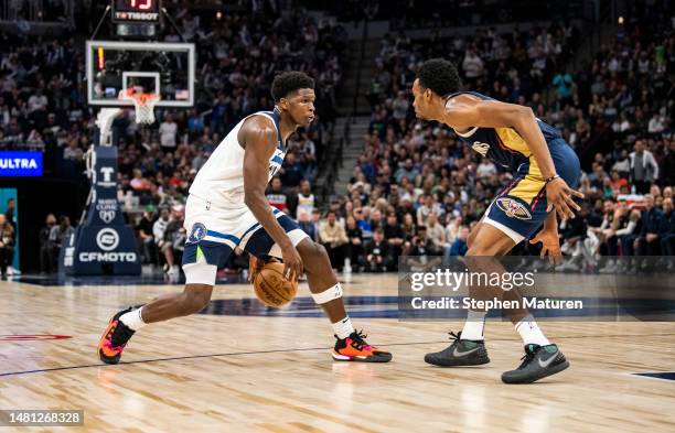 Anthony Edwards of the Minnesota Timberwolves dribbles the ball in the third quarter of the game against the New Orleans Pelicans at Target Center on...