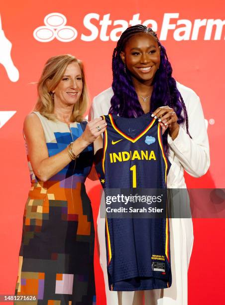 Commissioner Cathy Engelbert and Aliyah Boston pose for photos after Boston was drafted 1st overall by the Indiana Fever during the 2023 WNBA Draft...