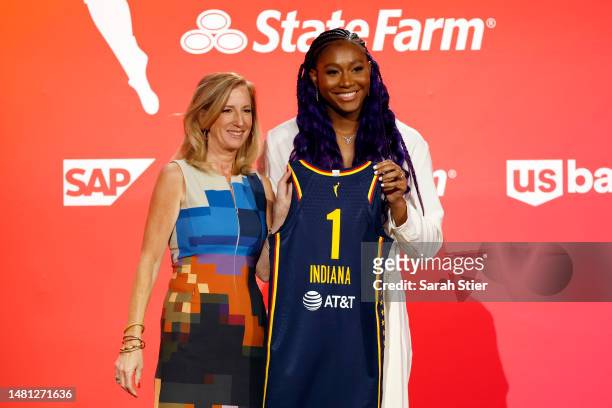 Commissioner Cathy Engelbert and Aliyah Boston pose for photos after Boston was drafted 1st overall by the Indiana Fever during the 2023 WNBA Draft...