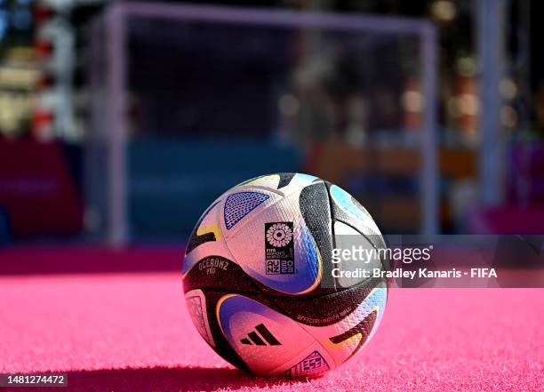 Soccer ball is seen with FIFA Women's World Cup 2023 branding during a FIFA Women's World Cup 2023 Unity Pitch celebration, as today marks 100 days...