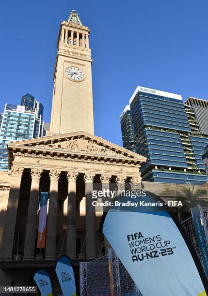 Brisbane City Hall can be seen during a FIFA Women's World Cup 2023 Unity Pitch celebration, as today marks 100 days to go until the World Cup...
