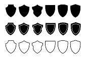 Different shields shapes. Shields icon set. Protect badge. Black security icon. Protection symbol. Security logo.Vector graphic.
