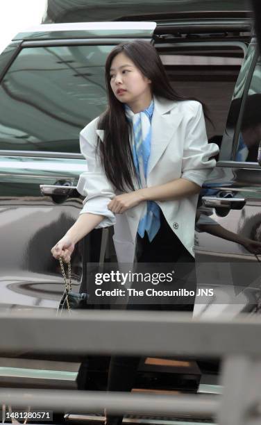 Jennie Kim of BLACKPINK is seen leaving Incheon International Airport for the Chanel Fall-Winter 2023/24 Ready-to-Wear Show on March 06, 2023 in...