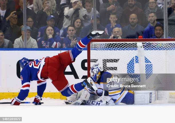 Devon Levi of the Buffalo Sabres stops Kaapo Kakko of the New York Rangers in the final round of the shootout to defeat the Rangers 3-2. At Madison...