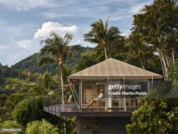 male tourist admiring view while relaxing inside tented villa, at eco friendly, luxury glamping resort. - luxury villa stock pictures, royalty-free photos & images