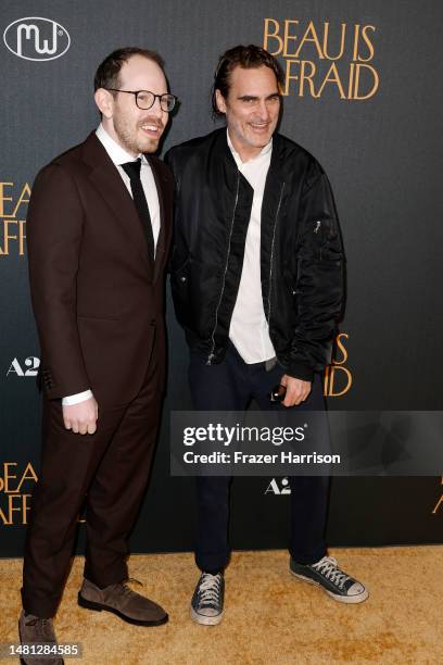 Ari Aster and Joaquin Phoenix attend the Los Angeles premiere of A24's "Beau Is Afraid" at the Directors Guild of America on April 10, 2023 in Los...