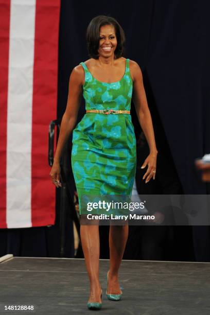 First Lady Michelle Obama speaks at Barbara Goleman Senior High School during a campaign event on July 10, 2012 in Miami Lakes, Florida.