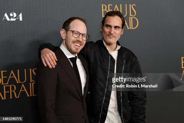 Ari Aster and Joaquin Phoenix attend the Los Angeles premiere of A24's "Beau Is Afraid" at Directors Guild Of America on April 10, 2023 in Los...