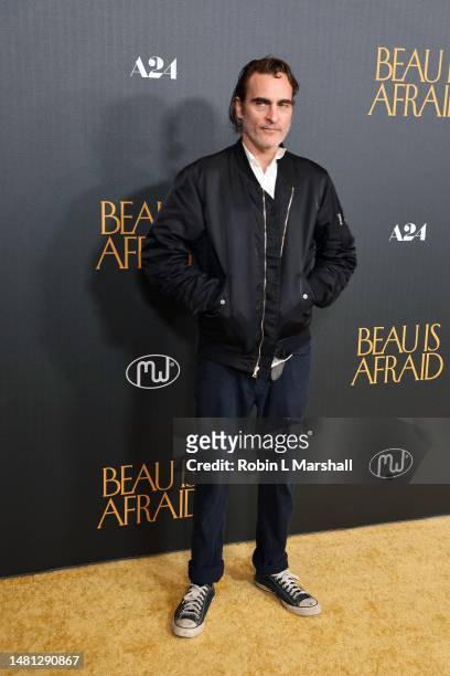 Joaquin Phoenix attends the Los Angeles premiere of A24's "Beau Is Afraid" at Directors Guild Of America on April 10, 2023 in Los Angeles, California.