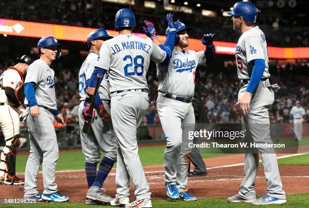 Max Muncy of the Los Angeles Dodgers is congratulated by teammates after hitting a grand slam against the San Francisco Giants in the top of the...