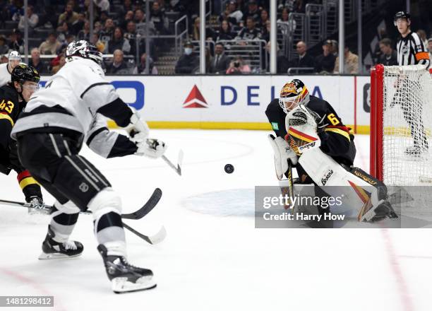 Collin Delia of the Vancouver Canucks prepares to make a save on a shot from Trevor Moore of the Los Angeles Kings during the second period at...