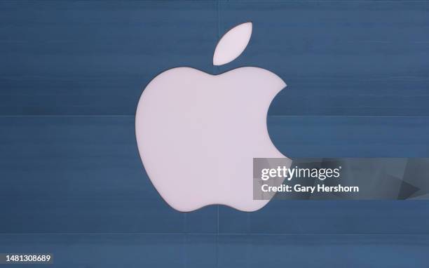 An Apple corporate logo hangs in the front of their store at The Grove on April 9 in Los Angeles, California.