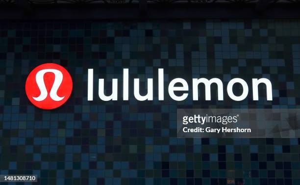 ALululemon corporate logo hangs on the front of their store in Santa Monica on April 10 in Los Angeles, California.