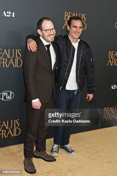 Ari Aster and Joaquin Phoenix attends the Los Angeles premiere of A24's "Beau Is Afraid" at Directors Guild Of America on April 10, 2023 in Los...