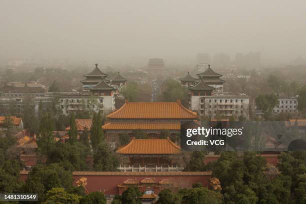 Drum tower is seen in a sandstorm on April 11, 2023 in Beijing, China.