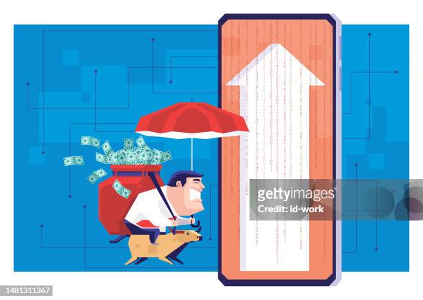 businessman carrying sack of banknotes and riding bull and entering rising arrow doorway on smartphone - sprint phone stock illustrations
