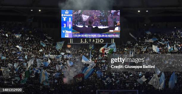 General view of the Curva Nord of SS Lazio fans during the Serie A match between SS Lazio and Juventus at Stadio Olimpico on April 8, 2023 in Rome,...