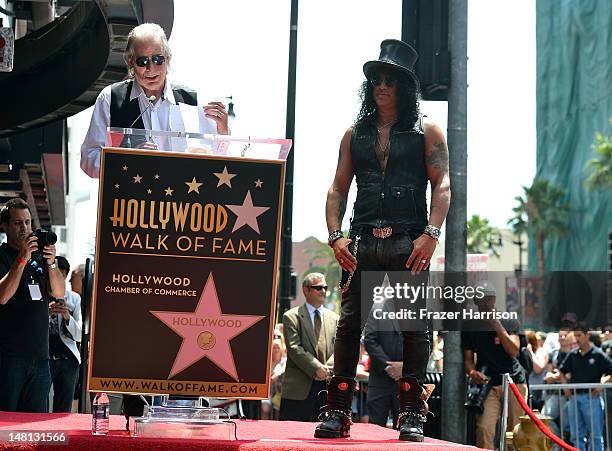 PRadio Host Jim Ladd speaks at the 2,473rd star on the Hollywood Walk of Fame for musician Slash outside the Hard Rock Cafe on July 10, 2012 in...