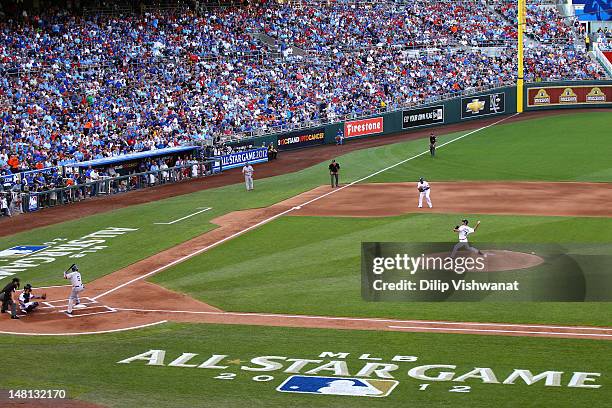 American League All-Star Justin Verlander of the Detroit Tigers pitches in the first inning to National League All-Star Carlos Gonzalez of the...