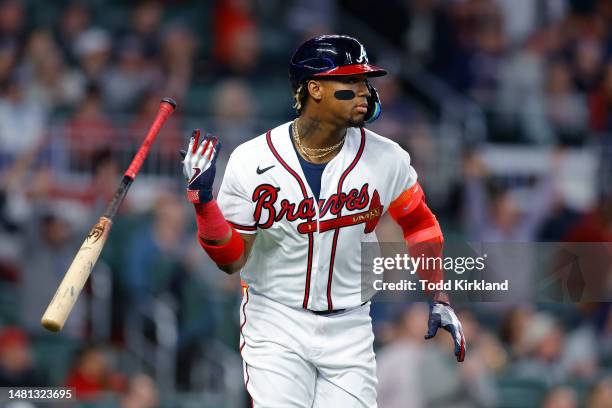 Ronald Acuna Jr. #13 of the Atlanta Braves bats during the fifth inning against the Cincinnati Reds at Truist Park on April 10, 2023 in Atlanta,...