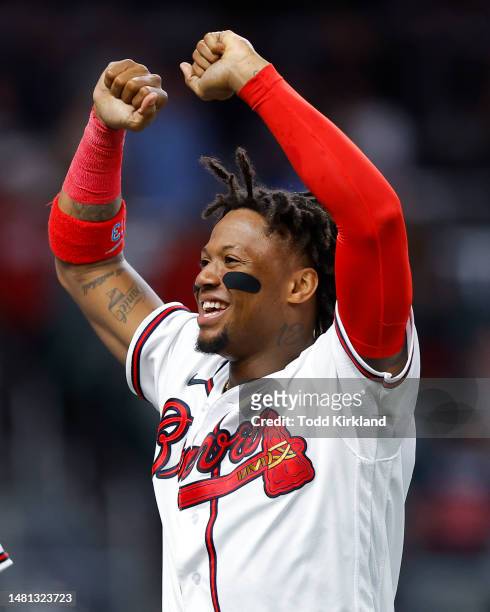 Ronald Acuna Jr. #13 of the Atlanta Braves reacts as the Braves defeat the Cincinnati Reds 5-4 in extra innings at Truist Park on April 10, 2023 in...
