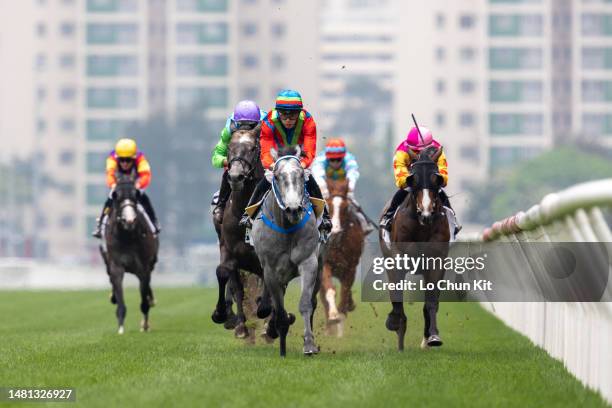 Jockey Vincent Ho Chak-yiu riding Kaholo Angel wins the Race 1 Barker Plate at Sha Tin Racecourse on April 9, 2023 in Hong Kong.