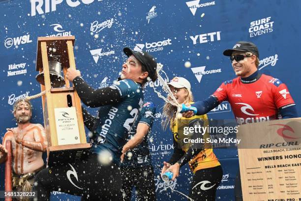 Tyler Wright of Australia rings the bell after winning the 2023 Rip Curl Pro Bells Beach at Bells Beach on April 11, 2023 in Melbourne, Australia.