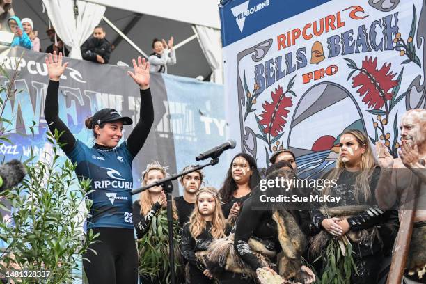 Tyler Wright of Australia is welcomed to the stage after winning the 2023 Rip Curl Pro Bells Beach at Bells Beach on April 11, 2023 in Melbourne,...