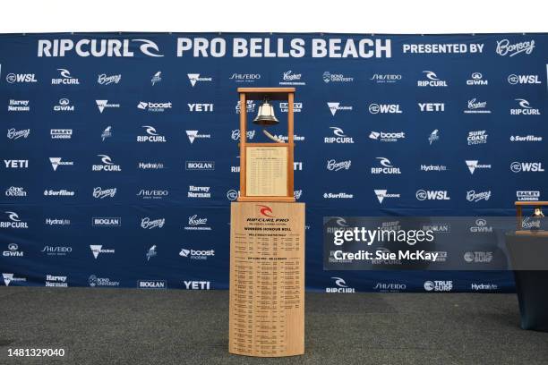 The Rip Curl Pro Bells Beach Champions Trophy is displayed on stage during the 2023 Rip Curl Pro Bells Beach at Bells Beach on April 11, 2023 in...