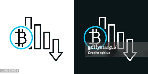 Bitcoin rate decrease. Bicolor line icon on black or white background - Editable stroke Bitcoin rate decrease. Bicolor line icon on black or white background - Editable stroke