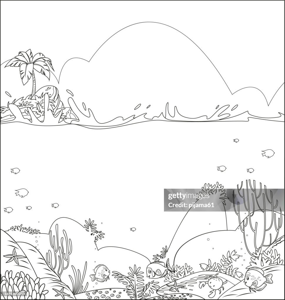 Underwater graphic sea black white sketch