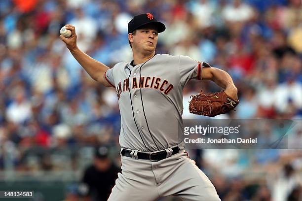 National League All-Star Matt Cain of the San Francisco Giants pitches in the first inning during the 83rd MLB All-Star Game at Kauffman Stadium on...