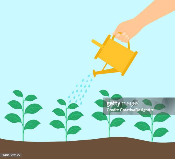 ilustrações, clipart, desenhos animados e ícones de mão segurando um regador e regando as plantas no chão - watering can