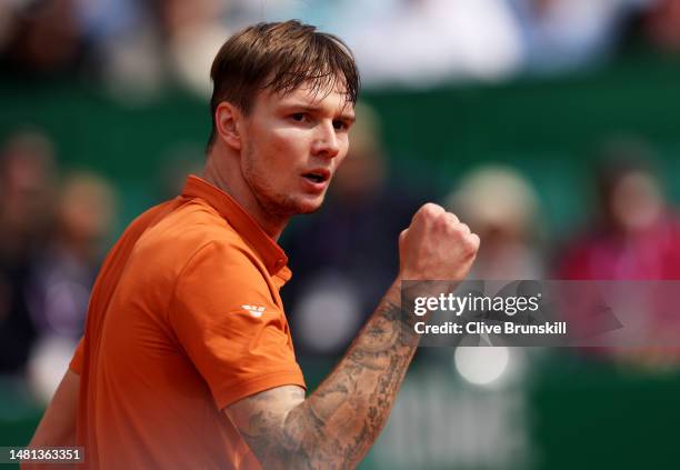 Alexander Bublik of Kazakhstan celebrates a point against Alexander Zverev of Germany in their first round match during day three of the Rolex...