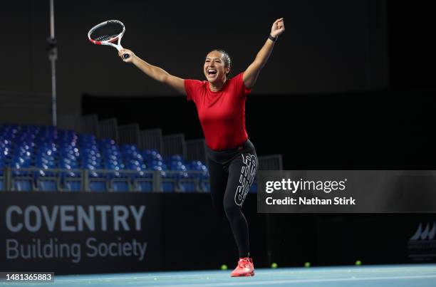 Heather Watson of Great Britain takes part in a training session prior to the Billie Jean King Cup Qualifier match between Great Britain and France...