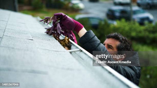 mann reinigt schutt von dachrinnen - gutter stock-fotos und bilder