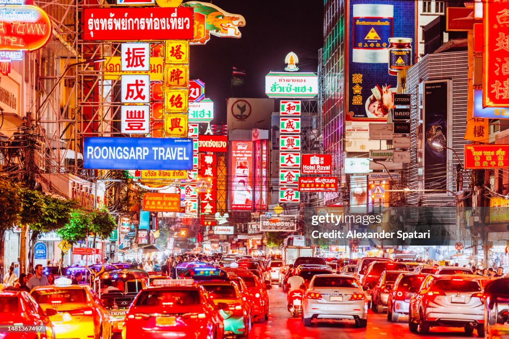 Illuminated Chinatown at night, Bangkok, Thailand