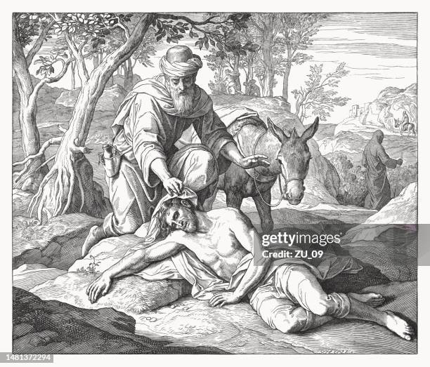 good samaritan (luke 10, 25-37), wood engraving, published in 1860 - forgiveness stock illustrations