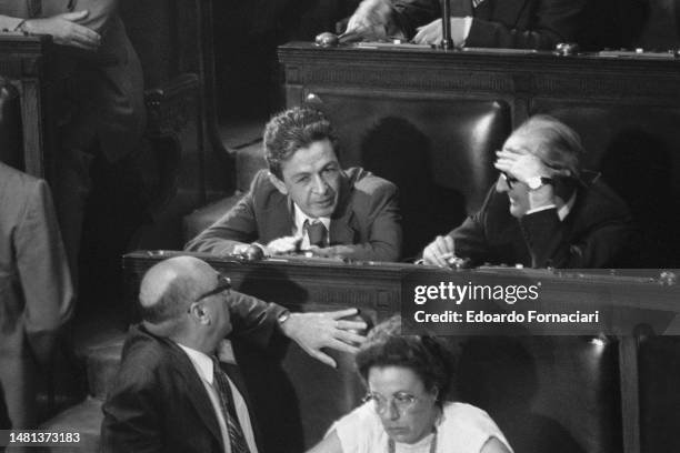 The General Secretary of the Italian Communist Party Enrico Berlinguer during a conference of the Italian Parliament with party mate Alessandro...